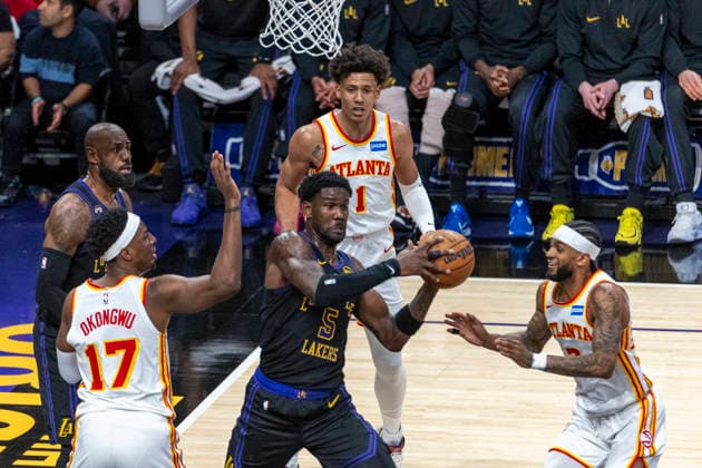 January 13, 2026, Los Angeles, California, United States: Los Angeles Lakersâ„¢ Deandre Ayton (5) looks to pass under pressure from the Atlanta Hawks during an NBA, Basketball Herren, USA basketball game at Crypto.com Arena on Tuesday, Jan. 13, 2026 in Los Angeles. Los Angeles United States - ZUMAs197 20260113_aaa_s197_459 Copyright: xRingoxChiux
