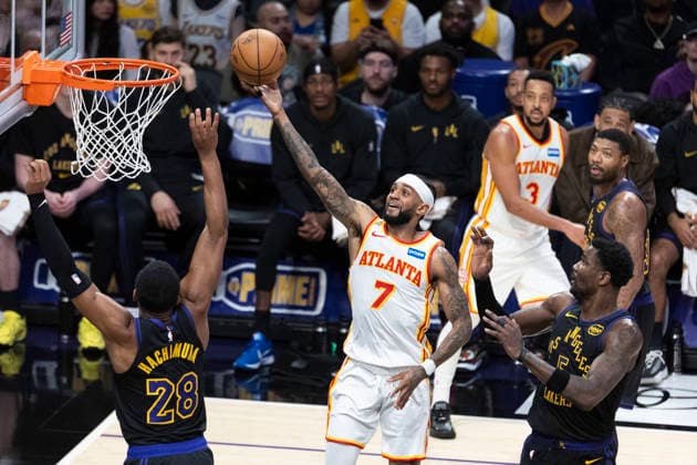 January 13, 2026, Los Angeles, California, United States: Atlanta Hawks Nickeil Alexander-Walker (7) goes to the basket against Los Angeles Lakersâ„¢ Rui Hachimura (28) during an NBA, Basketball Herren, USA basketball game at Crypto.com Arena on Tuesday, Jan. 13, 2026 in Los Angeles. Los Angeles United States - ZUMAs197 20260113_aaa_s197_483 Copyright: xRingoxChiux