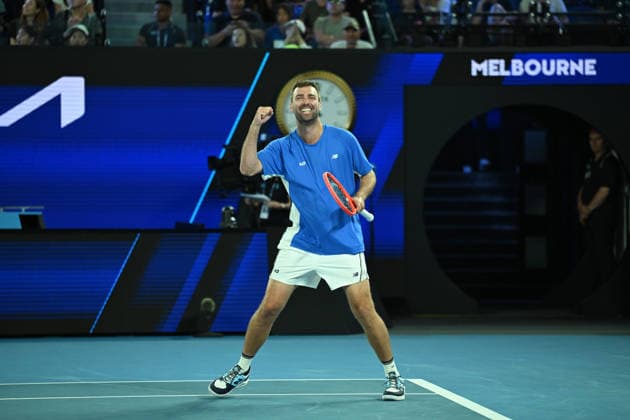 TENNIS AO 1 POINT SLAM, Jordan Smith of Australia reacts after winning a point against Pedro Martinez of Spain during the 1 Point Slam event during the Australian Open Opening Week at Rod Laver Arena in Melbourne, Victoria, Wednesday, January 14, 2026. ( NO ARCHIVING, EDITORIAL USE ONLY Melbourne Victoria Australia  Copyright: xJamesxRossx 20260114158238452068