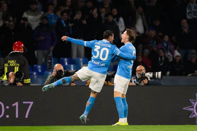 Scott McTominay of SSC Napoli celebrates with Pasquale Mazzocchi after scoring a goal, later disallowed, during the Serie A 2025 2026 football match between SSC Napoli and Parma Calcio 1913 at Diego Armando Maradona stadium in Naples (Italy), January 14, 2026. andreaxstaccioli