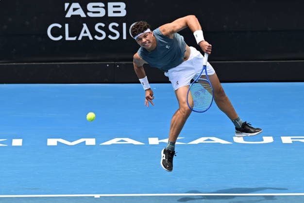 USA™s Ben Shelton during his first round singles match at the ASB Classic Men™s ATP, Tennis Herren 250 tennis tournament at Manuka Doctor Arena, Auckland, New Zealand. Wednesday 14 January 2026. Photo: Andrew Cornaga z Auckland New Zealand Copyright: xAndrewxCornaga x