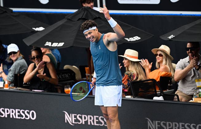 USA™s Ben Shelton during his first round singles match at the ASB Classic Men™s ATP, Tennis Herren 250 tennis tournament at Manuka Doctor Arena, Auckland, New Zealand. Wednesday 14 January 2026. Photo: Andrew Cornaga z Auckland New Zealand Copyright: xAndrewxCornaga x