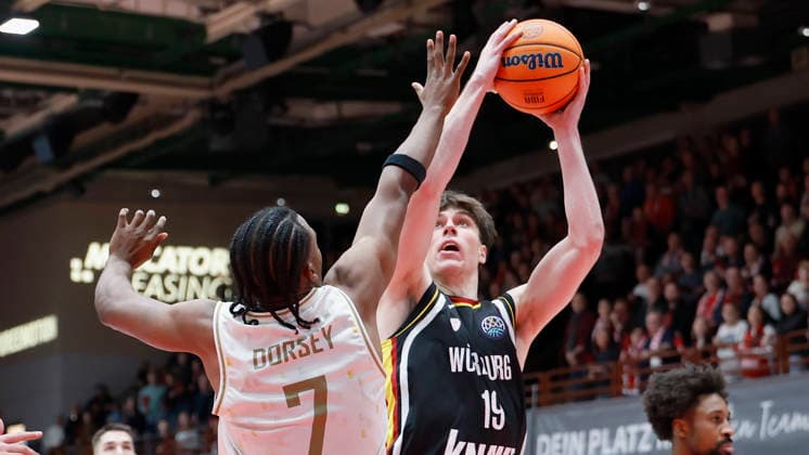 f l t r Gabe Dorse Patrioti Levice, 7 and Christian Skladanowski Fitness First Wuerzburg Baskets, 19 , 14 01 2026, Basketball Champions League, Fitness First Wuerzburg Baskets vs Patrioti Levice, GER, Wuerzburg, Tectake Arena Copyright: HMBxMedia xHeikoxBecker
