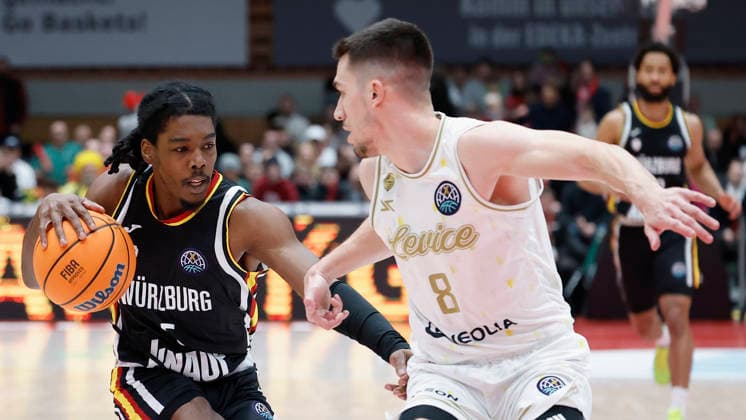 f l t r Marcus Carr Fitness First Wuerzburg Baskets, 5 and Novak Music Patrioti Levice, 8 , 14 01 2026, Basketball Champions League, Fitness First Wuerzburg Baskets vs Patrioti Levice, GER, Wuerzburg, Tectake Arena Copyright: HMBxMedia xHeikoxBecker