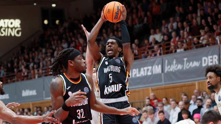 f l t r Charles Thompson Fitness First Wuerzburg Baskets, 32 and Marcus Carr Fitness First Wuerzburg Baskets, 5 14 01 2026, Basketball Champions League, Fitness First Wuerzburg Baskets vs Patrioti Levice, GER, Wuerzburg, Tectake Arena Copyright: HMBxMedia xHeikoxBecker