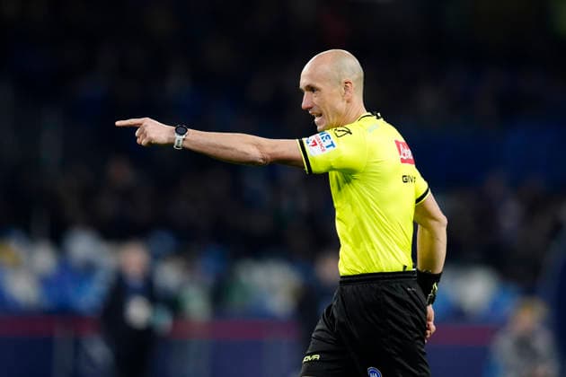 Referee Michael Fabbri gestures, Serie A, SSC Napoli v Parma Calcio 1913, Diego Maradona Stadium, January 14, 2026, Napoli, Italy.