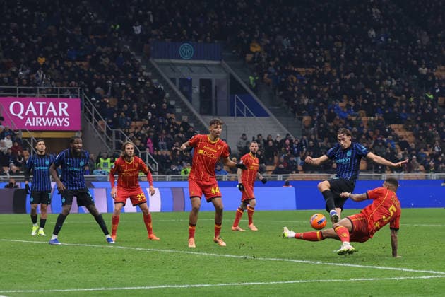 Milan, Italy, 14th January 2026. Francesco Pio Esposito of FC Internazionale scores to give the hosts a 1-0 lead during the Internazionale vs Lecce Serie A match at Giuseppe Meazza, Milan. Picture credit should read: Jonathan Moscrop Sportimage EDITORIAL USE ONLY. No use with unauthorised audio, video, data, fixture lists, club league logos or live services. Online in-match use limited to 120 images, no video emulation. No use in betting, games or single club league player publications. SPI_032_JM_INTER_LECCE_ SPI-4413-0032