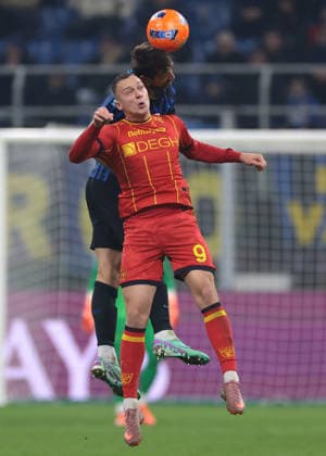 Milan, Italy, 14th January 2026. Francesco Acerbi of FC Internazionale heads clear from Nikola Stulic of US Lecce during the Internazionale vs Lecce Serie A match at Giuseppe Meazza, Milan. Picture credit should read: Jonathan Moscrop Sportimage EDITORIAL USE ONLY. No use with unauthorised audio, video, data, fixture lists, club league logos or live services. Online in-match use limited to 120 images, no video emulation. No use in betting, games or single club league player publications. SPI_056_JM_INTER_LECCE_ SPI-4413-0056