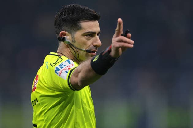 Milan, Italy, 14th January 2026. The Referee Fabio Maresca reacts during the Internazionale vs Lecce Serie A match at Giuseppe Meazza, Milan. Picture credit should read: Jonathan Moscrop Sportimage EDITORIAL USE ONLY. No use with unauthorised audio, video, data, fixture lists, club league logos or live services. Online in-match use limited to 120 images, no video emulation. No use in betting, games or single club league player publications. SPI_057_JM_INTER_LECCE_ SPI-4413-0057