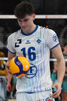 Simon Kohn VfB Friedrichshafen, 16 on serve, Action, Action,, 14 01 2026, Düren Germany , Volleyball, 1 Bundesliga Men, SWD Powervolleys Düren VfB Friedrichshafen xmhx