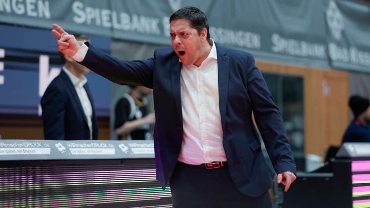 In the picture excitement at Head Coach Sasa Filipovski Wuerzburg Baskets 14 01 2026, Fitness First Wuerzburg Baskets vs Patrioti Levice, Basketball Champions League, Play Ins, Game 3, Germany, 97072, tectake Arena Wuerzburg, Copyright: HMBxMedia xJulienxBecker