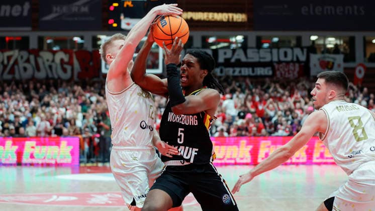 In the picture from left Aatu Kivimaki Patrioti Levice, 12 , Marcus Carr Wuerzburg Baskets, 5 and Novak Music Patrioti Levice, 8 14 01 2026, Fitness First Wuerzburg Baskets vs Patrioti Levice, Basketball Champions League, Play Ins, Game 3, Germany, 97072, tectake Arena Wuerzburg, Copyright: HMBxMedia xJulienxBecker