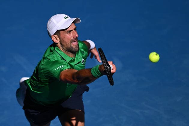 TENNIS AUSTRALIAN OPEN, Novak Djokovic of Serbia in action against Frances Tiafoe of the US during a charity match ahead of the Australian Open tennis tournament at Melbourne Park in Melbourne, Thursday, January 15, 2026. ( NO ARCHIVING, EDITORIAL USE ONLY MELBOURNE VICTORIA AUSTRALIA  Copyright: xJOELxCARRETTx 20260115137391125539