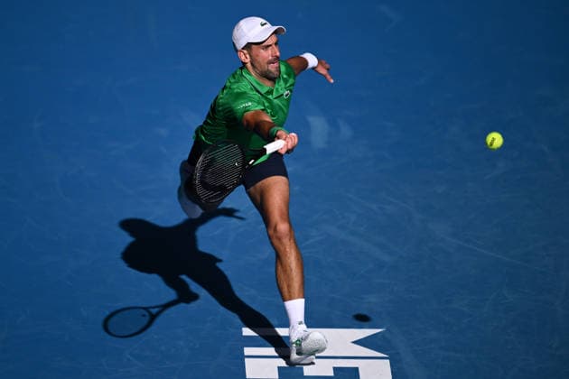 TENNIS AUSTRALIAN OPEN, Novak Djokovic of Serbia in action against Frances Tiafoe of the US during a charity match ahead of the Australian Open tennis tournament at Melbourne Park in Melbourne, Thursday, January 15, 2026. ( NO ARCHIVING, EDITORIAL USE ONLY MELBOURNE VICTORIA AUSTRALIA  Copyright: xJOELxCARRETTx 20260115138569311575