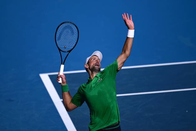 TENNIS AUSTRALIAN OPEN, Novak Djokovic of Serbia in action against Frances Tiafoe of the US during a charity match ahead of the Australian Open tennis tournament at Melbourne Park in Melbourne, Thursday, January 15, 2026. ( NO ARCHIVING, EDITORIAL USE ONLY MELBOURNE VICTORIA AUSTRALIA  Copyright: xJOELxCARRETTx 20260115185350517183