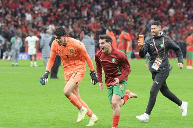(260115) -- RABAT, Jan. 15, 2026 -- Morocco s Brahim Diaz (C) and goalkeeper Yassine Bounou (L) celebrate after winning the Africa Cup of Nations semifinal match between Morocco and Nigeria in Rabat, Morocco, Jan. 14, 2026. (Photo by Xinhua) (SP)MOROCCO-RABAT-FOOTBALL-AFRICA CUP OF NATIONS-MOROCCO VS NIGERIA Aissa 