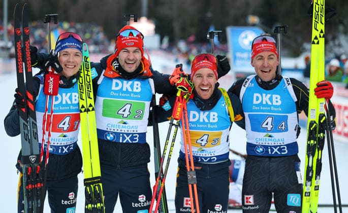 BIATHLON - IBU WC Ruhpolding RUHPOLDING,GERMANY,15.JAN.26 - BIATHLON - IBU World Cup, 4x7.5 km relay, men. Image shows Justus Strelow, Danilo Riethmueller, David Zobel and Philipp Nawrath (GER).  GEPAxpictures xThomasxBachun