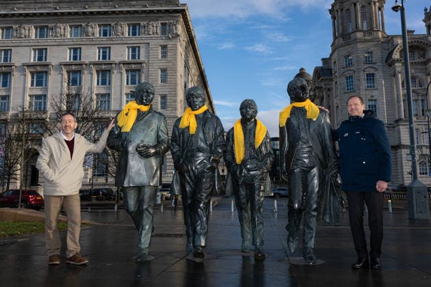 Tour de France 2027 Grand DÃ part Picture by Alex Whitehead SWpix.com - 15 01 2026 - Cycling - Tour de France 2027 Grand DÃ part - Liverpool Pier Head, Liverpool, England - General Director of the Tour de France Christian Prudhomme and British cycling legend Chris Boardman pictured with The Beatles statue at the Pier Head on Liverpool™s waterfront. The Grand Depart of the Tour de France 2027 and The Grand Depart of the Tour de France Femmes avec Zwift 2027. Both Races will start in the United Kingdom and visit Scotland, Wales and England - ALL IMAGES www.SWpix.com ( Photography Hub Ltd ) from the SWpix.com photography archive - MANDATORY BYLINE PHOTO CREDIT to Photographers Name SWpix.com LeTourGB (strictly editorial use only - contact for commercial - simon@swpix.com) Liverpool Pier Head Liverpool England Copyright: x xSWpix.comx(t axPhotographyxHubxLtd)xAlexxWhitehead SWpix.comx SWP-3030-12264