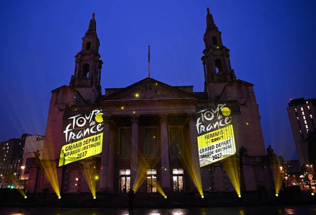 Tour de France 2027 Grand Depart Route Reveal Picture by Simon Wilkinson SWpix.com - 15 01 2026 - Cycling - Tour de France 2027 Grand Depart Route Reveal - Leeds, Yorkshire, England - Civic Hall A projection light show on the exterior of Leeds Civic Hall after the Tour de France 2027 Grand Depart Route Reveal with Leeds hosting the start of Stage 1 of the 2027 Tour de France Femmes avec Zwift Grand Depart The Grand Depart of the Tour de France 2027 and The Grand Depart of the Tour de France Femmes avec Zwift 2027. Both Races will start in the United Kingdom and visit Scotland, Wales and England - ALL IMAGES www.SWpix.com ( Photography Hub Ltd ) from the SWpix.com photography archive - MANDATORY BYLINE PHOTO CREDIT to Photographers Name SWpix.com LeTourGB (strictly editorial use only - contact for commercial - simon@swpix.com) Copyright: x xSWpix.comx(t axPhotographyxHubxLtd)xSimonxWilkinson SWpix.comx SWP-3163-0252