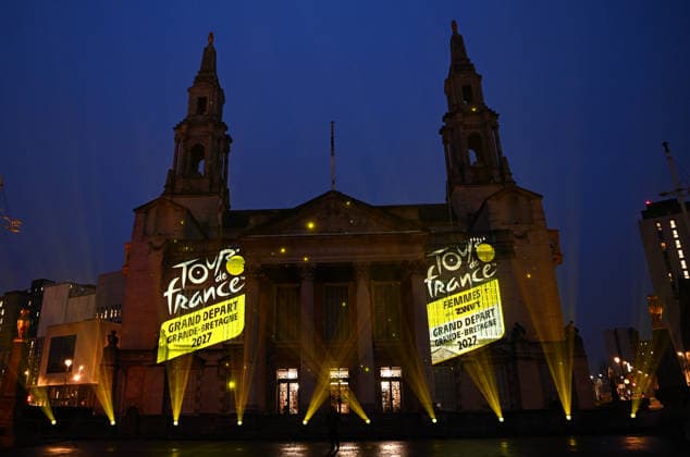 Tour de France 2027 Grand Depart Route Reveal Picture by Simon Wilkinson SWpix.com - 15 01 2026 - Cycling - Tour de France 2027 Grand Depart Route Reveal - Leeds, Yorkshire, England - Civic Hall A projection light show on the exterior of Leeds Civic Hall after the Tour de France 2027 Grand Depart Route Reveal with Leeds hosting the start of Stage 1 of the 2027 Tour de France Femmes avec Zwift Grand Depart The Grand Depart of the Tour de France 2027 and The Grand Depart of the Tour de France Femmes avec Zwift 2027. Both Races will start in the United Kingdom and visit Scotland, Wales and England - ALL IMAGES www.SWpix.com ( Photography Hub Ltd ) from the SWpix.com photography archive - MANDATORY BYLINE PHOTO CREDIT to Photographers Name SWpix.com LeTourGB (strictly editorial use only - contact for commercial - simon@swpix.com) Copyright: x xSWpix.comx(t axPhotographyxHubxLtd)xSimonxWilkinson SWpix.comx SWP-3163-0241