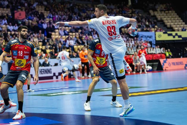 HERNING, DENMARK - JANUARY 15: Miljajo Marsenic(Serbia, 93) in attack during the EHF EURO 2026 match between Spain vs Serbia at Jyske Bank Boxen Arena on matchday 1 of the Group Matches Group A on January 15, 2026 in Herning, Denmark. Midtjylland Denmark Copyright: xMarioxM.xKobergx