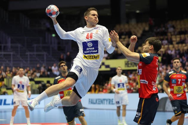 Spain Serbia, EHF EM 2026 Stefan Dodic Serbia, 40 Handball EHF European Championship, International match between Spain and Serbia on January 15, 2026 in Herning Denmark , Herning Denmark Jyske Bank Boxen