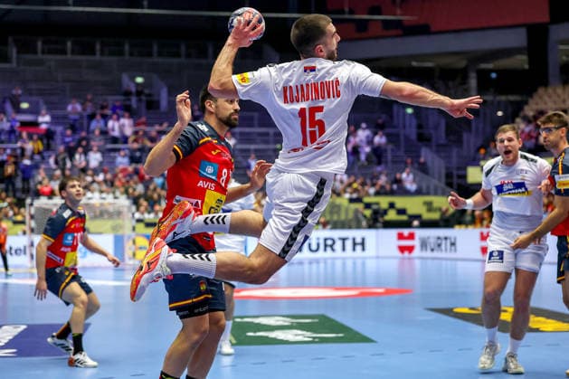 15 01 2026, Handball, Men s EHF EURO 2026, Spain Serbia, Jyske Bank Boxen in Herning, Denmark, Preliminary Round Uros Kojadinovic Serbia 15 Denmark