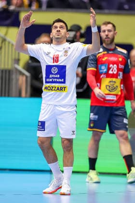 15 01 2026, Handball, Men s EHF EURO 2026, Spain Serbia, Jyske Bank Boxen in Herning, Denmark, Preliminary Round Nemanja Ilic Serbia 19 Denmark