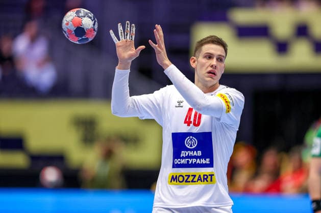 15 01 2026, Handball, Men s EHF EURO 2026, Spain Serbia, Jyske Bank Boxen in Herning, Denmark, Preliminary Round Stefan Dodic Serbia 40 Denmark