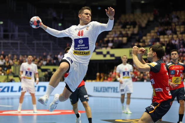 Spain Serbia, EHF EM 2026 Stefan Dodic Serbia, 40 Handball EHF European Championship, International match between Spain and Serbia on January 15, 2026 in Herning Denmark , Herning Denmark Jyske Bank Boxen