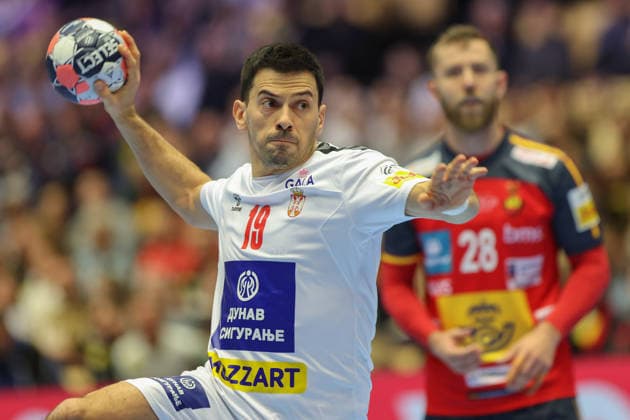 Spain Serbia, EHF EURO 2026 Nemanja Ilic Serbia, 19 on seven-meter handball EHF European Championship, international match between Spain and Serbia on January 15, 2026 in Herning Denmark , Herning Denmark Jyske Bank Boxing