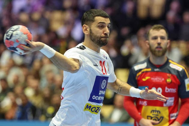 Spain Serbia, EHF EURO 2026 Vanja Ilic Serbia, 21 on seven-meter handball EHF European Championship, international match between Spain and Serbia on January 15, 2026 in Herning Denmark , Herning Denmark Jyske Bank Boxing