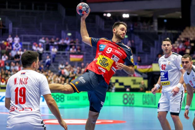 15 01 2026, Handball, Men s EHF EURO 2026, Spain Serbia, Jyske Bank Boxen in Herning, Denmark, Preliminary Round Ian Tarrafeta Serrano Espania 09 Denmark