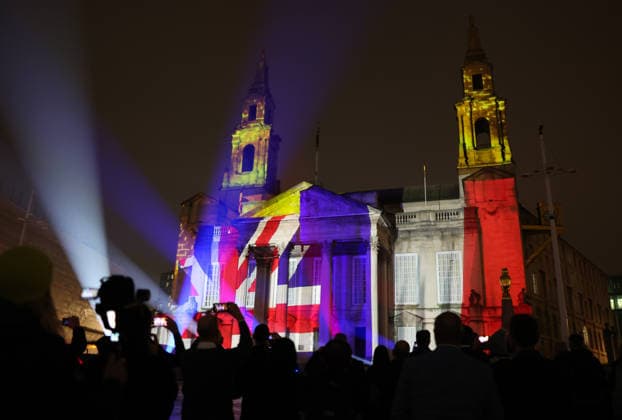 Tour de France 2027 Grand Depart Route Reveal Picture by Alex Whitehead SWpix.com - 15 01 2026 - Cycling - Tour de France 2027 Grand Depart Route Reveal - Leeds, Yorkshire, England A projection light show on the exterior of Leeds Civic Hall after the Tour de France 2027 Grand Depart Route Reveal with Leeds hosting the start of Stage 1 of the 2027 Tour de France Femmes avec Zwift Grand Depart The Grand Depart of the Tour de France 2027 and The Grand Depart of the Tour de France Femmes avec Zwift 2027. Both Races will start in the United Kingdom and visit Scotland, Wales and England - ALL IMAGES www.SWpix.com ( Photography Hub Ltd ) from the SWpix.com photography archive - MANDATORY BYLINE PHOTO CREDIT to Photographers Name SWpix.com LeTourGB (strictly editorial use only - contact for commercial - simon@swpix.com) Copyright: x xSWpix.comx(t axPhotographyxHubxLtd)xAlexxWhitehead SWpix.comx SWP-3163-0262