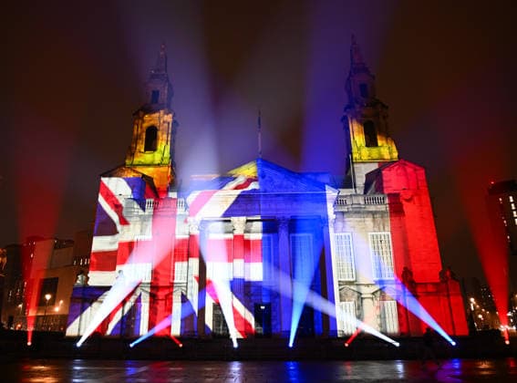 Tour de France 2027 Grand Depart Route Reveal Picture by Simon Wilkinson SWpix.com - 15 01 2026 - Cycling - Tour de France 2027 Grand Depart Route Reveal - Leeds, Yorkshire, England - A projection light show on the exterior of Leeds Civic Hall after the Tour de France 2027 Grand Depart Route Reveal with Leeds hosting the start of Stage 1 of the 2027 Tour de France Femmes avec Zwift Grand Depart The Grand Depart of the Tour de France 2027 and The Grand Depart of the Tour de France Femmes avec Zwift 2027. Both Races will start in the United Kingdom and visit Scotland, Wales and England - ALL IMAGES www.SWpix.com ( Photography Hub Ltd ) from the SWpix.com photography archive - MANDATORY BYLINE PHOTO CREDIT to Photographers Name SWpix.com LeTourGB (strictly editorial use only - contact for commercial - simon@swpix.com) Copyright: x xSWpix.comx(t axPhotographyxHubxLtd)xSimonxWilkinson SWpix.comx SWP-3163-0288