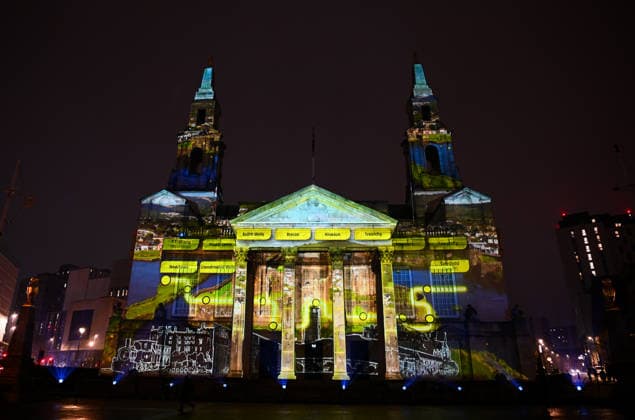Tour de France 2027 Grand Depart Route Reveal Picture by Simon Wilkinson SWpix.com - 15 01 2026 - Cycling - Tour de France 2027 Grand Depart Route Reveal - Leeds, Yorkshire, England - A projection light show on the exterior of Leeds Civic Hall after the Tour de France 2027 Grand Depart Route Reveal with Leeds hosting the start of Stage 1 of the 2027 Tour de France Femmes avec Zwift Grand Depart The Grand Depart of the Tour de France 2027 and The Grand Depart of the Tour de France Femmes avec Zwift 2027. Both Races will start in the United Kingdom and visit Scotland, Wales and England - ALL IMAGES www.SWpix.com ( Photography Hub Ltd ) from the SWpix.com photography archive - MANDATORY BYLINE PHOTO CREDIT to Photographers Name SWpix.com LeTourGB (strictly editorial use only - contact for commercial - simon@swpix.com) Copyright: x xSWpix.comx(t axPhotographyxHubxLtd)xSimonxWilkinson SWpix.comx SWP-3163-0289