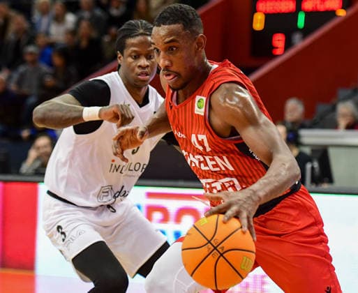 Abu Kigab 2 Bundesliga Pro A, 18 Matchday, 46ers, Basketball, Basketball season 2025 2026, BBL, Germany, Gießen 46ers Artland Dragons, Gießen in red, Men, Dragons in white