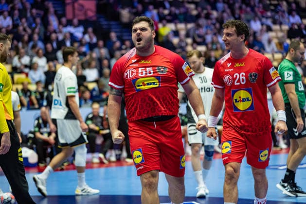 HERNING, DENMARK - JANUARY 15: celebration goal celebration Tobias Wagner (Austria, 55) during the EHF EURO 2026 match between Germany vs Austria at Jyske Bank Boxen Arena on matchday 1 of the Group Matches Group A on January 15, 2026 in Herning, Denmark. Midtjylland Denmark Copyright: xMarioxM.xKobergx