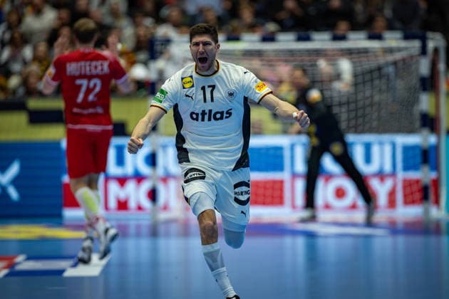 HERNING, DENMARK - JANUARY 15: celebration goal celebration Lukas Zerbe (Germany, 17) during the EHF EURO 2026 match between Germany vs Austria at Jyske Bank Boxen Arena on matchday 1 of the Group Matches Group A on January 15, 2026 in Herning, Denmark. Midtjylland Denmark Copyright: xMarioxM.xKobergx