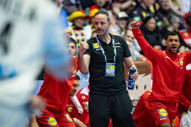 HERNING, DENMARK - JANUARY 15: celebration goal celebration Iker Romero (Austria, Head Coach) during the EHF EURO 2026 match between Germany vs Austria at Jyske Bank Boxen Arena on matchday 1 of the Group Matches Group A on January 15, 2026 in Herning, Denmark. Midtjylland Denmark Copyright: xMarioxM.xKobergx