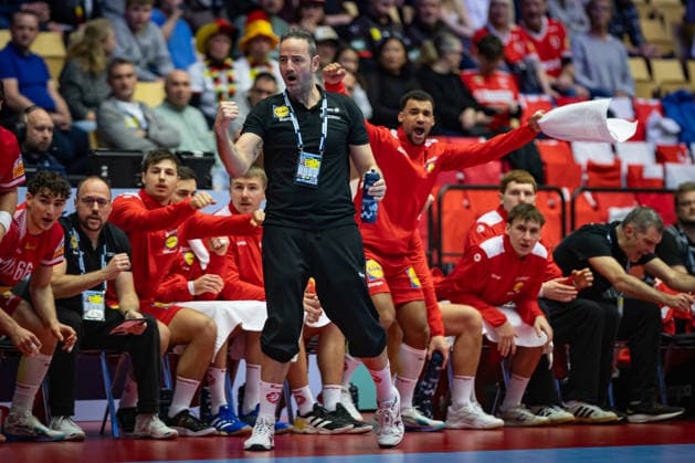 HERNING, DENMARK - JANUARY 15: celebration goal celebration Iker Romero (Austria, Head Coach) during the EHF EURO 2026 match between Germany vs Austria at Jyske Bank Boxen Arena on matchday 1 of the Group Matches Group A on January 15, 2026 in Herning, Denmark. Midtjylland Denmark Copyright: xMarioxM.xKobergx
