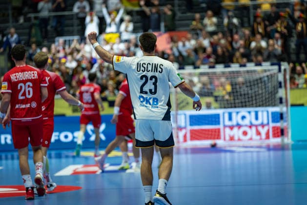 HERNING, DENMARK - JANUARY 15: celebration goal celebration Renars Uscins (Germany, 23) during the EHF EURO 2026 match between Germany vs Austria at Jyske Bank Boxen Arena on matchday 1 of the Group Matches Group A on January 15, 2026 in Herning, Denmark. Midtjylland Denmark Copyright: xMarioxM.xKobergx
