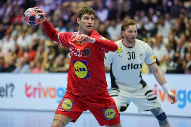 Germany Austria, EHF EM 2026 Sebastian Frimmel Austria, 20 at the seven-meter handball EHF European Championship, international match between Germany and Austria on January 15, 2026 in Herning Denmark , Herning Denmark Jyske Bank Boxing