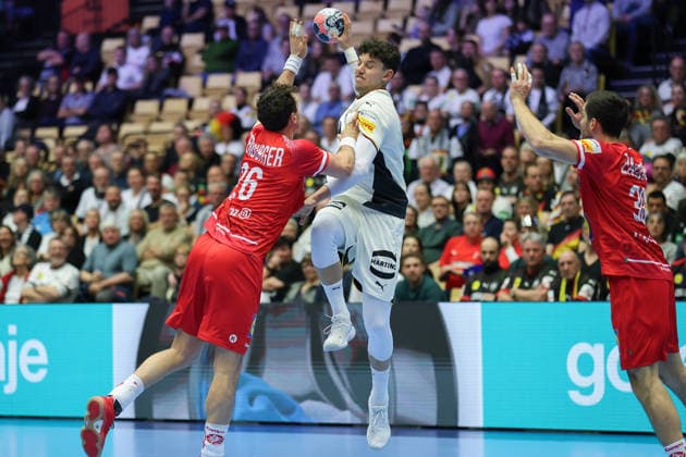 Germany Austria, EHF EM 2026 Marko Grgic Germany, 71 against Lukas Herburger Austria, 26 Handball EHF European Championship, international match between Germany and Austria on January 15, 2026 in Herning Denmark , Herning Denmark Jyske Bank Boxing