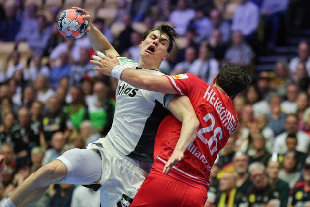 Germany Austria, EHF EM 2026 Miro Schluroff Germany, 5 is attacked by Lukas Herburger Austria, 26 Handball EHF European Championship, international match between Germany and Austria on January 15, 2026 in Herning Denmark , Herning Denmark Jyske Bank Boxing