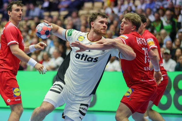 Germany Austria, EHF EM 2026 Johannes Golla Germany, 4 vs Lukas Hutecek Austria, 72 Handball EHF European Championship, International match between Germany and Austria on January 15, 2026 in Herning Denmark , Herning Denmark Jyske Bank Boxing