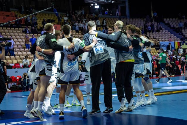 HERNING, DENMARK - JANUARY 15: celebration after victory team Germany during the EHF EURO 2026 match between Germany vs Austria at Jyske Bank Boxen Arena on matchday 1 of the Group Matches Group A on January 15, 2026 in Herning, Denmark. Midtjylland Denmark Copyright: xMarioxM.xKobergx