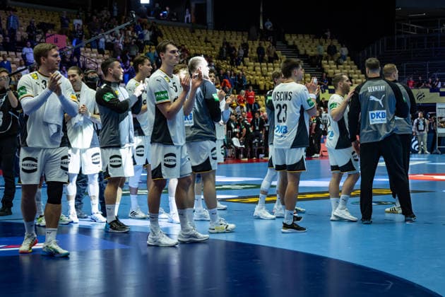 HERNING, DENMARK - JANUARY 15: celebration after victory team Germany during the EHF EURO 2026 match between Germany vs Austria at Jyske Bank Boxen Arena on matchday 1 of the Group Matches Group A on January 15, 2026 in Herning, Denmark. Midtjylland Denmark Copyright: xMarioxM.xKobergx