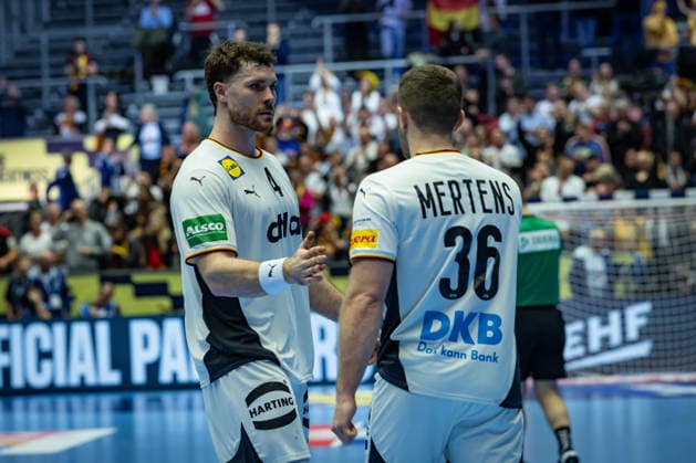 HERNING, DENMARK - JANUARY 15: celebration after victory Johannes Golla (Germany, 04), Lukas Mertens (Germany, 36) during the EHF EURO 2026 match between Germany vs Austria at Jyske Bank Boxen Arena on matchday 1 of the Group Matches Group A on January 15, 2026 in Herning, Denmark. Midtjylland Denmark Copyright: xMarioxM.xKobergx