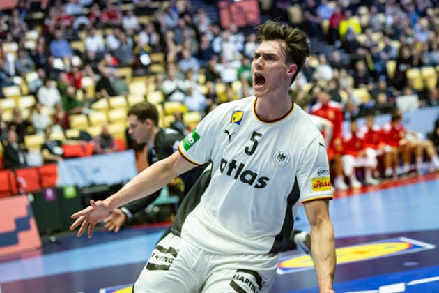 HERNING, DENMARK - JANUARY 15: celebration goal celebration Miro Schluroff (Germany, 05) during the EHF EURO 2026 match between Germany vs Austria at Jyske Bank Boxen Arena on matchday 1 of the Group Matches Group A on January 15, 2026 in Herning, Denmark. Midtjylland Denmark Copyright: xMarioxM.xKobergx